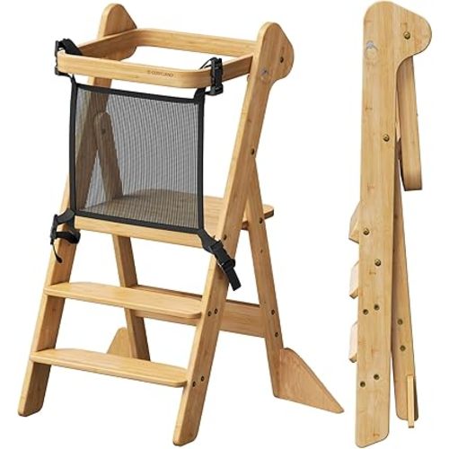 COSYLAND Foldable Kids Step Stool - iF Design Award Standing Tower with Safety Net & 2 Large Side Support Legs - Adjustable Height Toddler Ladder for Kitchen Counter/Bathroom Sink -(Natural)-Foldi