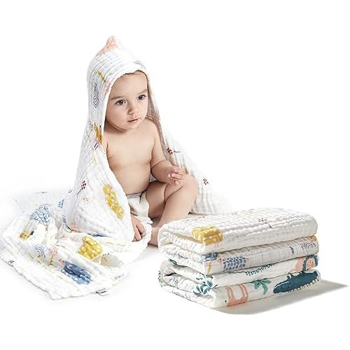 bc babycare 2-Pack Muslin Baby Bath Towels, Hooded Baby Bath Towels, Soft Absorbent Baby Towels for Newborn Baby Boys Girls, 37.4 * 37.4 Inch