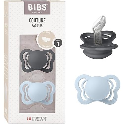 BIBS Pacifiers - Couture Collection | BPA-Free Anatomical Nipple | Silicone | Made in Denmark | Set of 2 Iron/Baby Blue Color Premium Soothers | Size 0-6 Months
