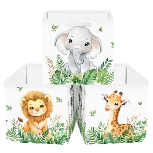 11.8" Jungle Animals Cube Storage Organizer Set 3Pcs Lion Giraffe Elephant Cube Storage Bin for Bathroom/Bedroom Parent Book Chest, Green Plant