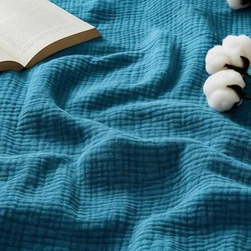 Bedsure 100% Cotton Muslin Blanket King Size for Bed - 4-Layer Breathable and Lightweight Thin Soft Summer Gauze Muslin Blanket for Adults, Teal, 108x90 Inches