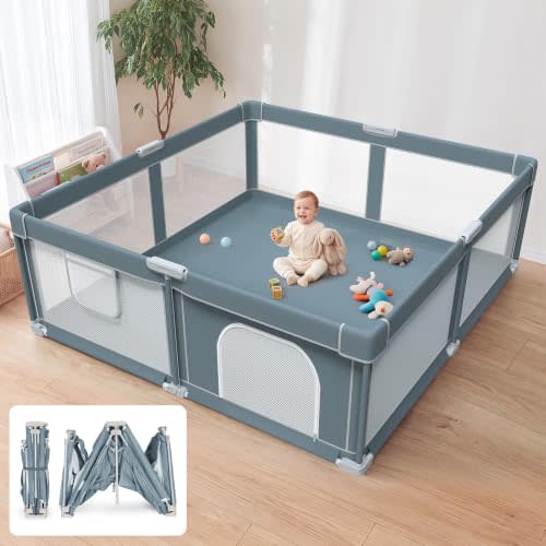 OMZER Foldable Baby Playpen, 71x79 Inch Extra Large Collapsible Play Yard | Extra large baby play area, easy fold design, breathable mesh walls, zipper door, storage bag included