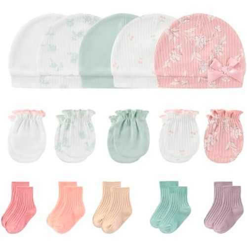 Newborn Baby Boy Girl Caps Mittens Socks Set Cotton Baby Essentials Accessories (Hats+Gloves+Socks)