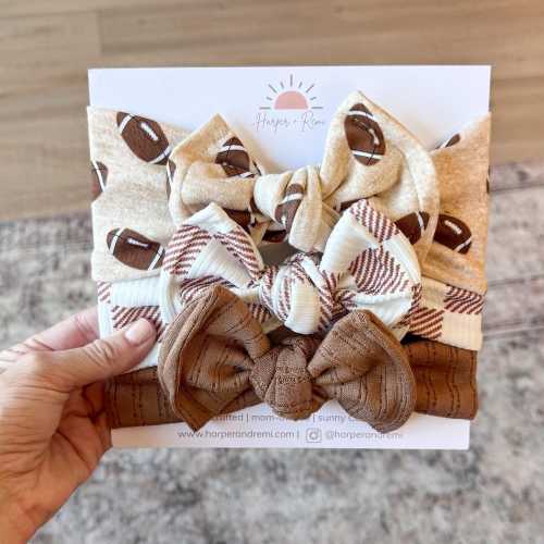 Fall Football Baby Bow Bundle – Mocha Pointelle, Brown Checker & Football Print (Oversized or Top Knot Options)