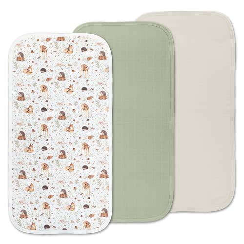 Miaoberry Organic Muslin Portable Changing Pad Liner – Waterproof Reusable Baby Diaper Changing Pad Cover for Travel, Woodland Deer and Soft Green, 3 Pack