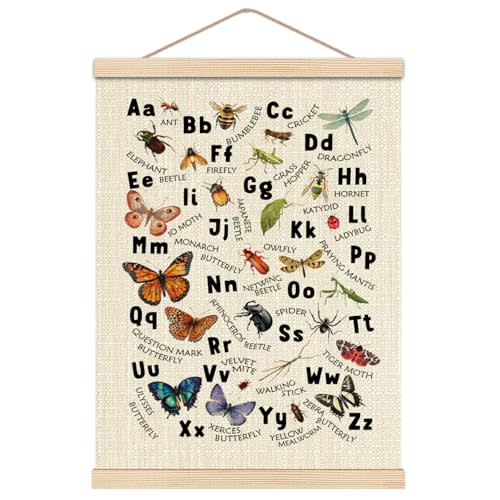 HKTZM Insect Alphabet Wall Decor, Animal Nursery Decor, Entomology Wall Art With Wooden Poster Hanger, ABC Educational Posters Walls Decoration for Toddler Kids Bedroom Classroom, 12x16 Inch