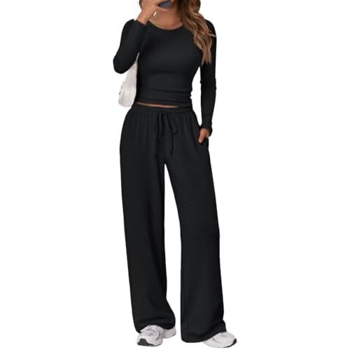Trendy Queen Women's 2 Piece Matching Lounge Set Long Sleeve Side Ruching Top Wide Leg Drawstring Pants Set with Pockets