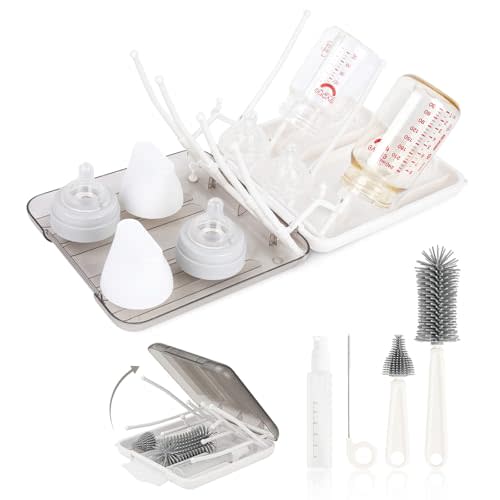 Baby Bottle Brush Set, 6-in-1 Travel Bottle Cleaning Kit with Silicone Bottle Brush, Nipple & Straw Brush, Soap Dispenser, Drying Rack, Storage Box – Compact Travel Baby Essential for Home & On-The-Go