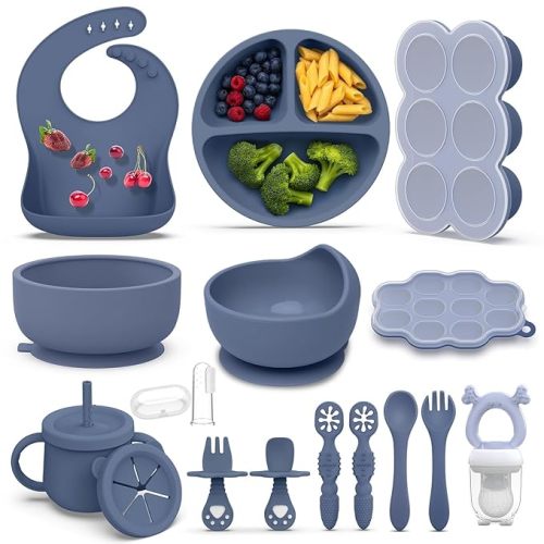 16 Pack Silicone Baby Feeding Set, BPA-Free Baby LED Weaning Supplies, Include Suction Plates, Baby Bowls, Silicone Fork & Spoon, and More, First Stage Baby Food Eating Utensils - 6+ Months(Blue, 16)