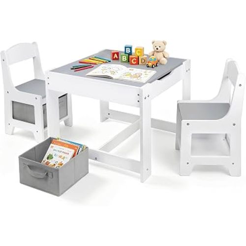 Pterying Wood Toddler Table and Chair Set, Kids Activity Desk, White Gray