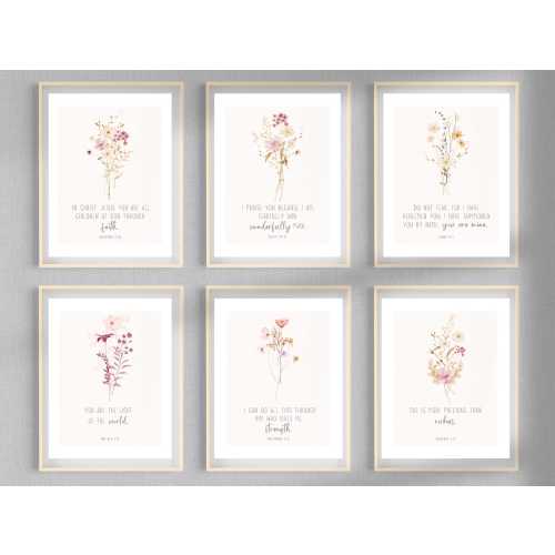 Christian Nursery Decor: Bible Verse Watercolor Wildflower Scripture Art (Set of 6) (Digital Download)