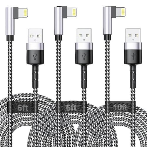 Long iPhone Charging Cable, [3Pack 2M+2M+3M] 90 Degree Right Angle USB A to Light ning Cable, Nylon Braided 6FT 10FT Long Fast Charger Cord for iPhone 14 13 12 11 Pro Max Xs Xr X 8 7 6 Plus SE iPad