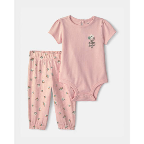 Baby Girl 2-Piece 'Little Sister' Floral Floral Bodysuit & Pant Set - Pink | Carter's