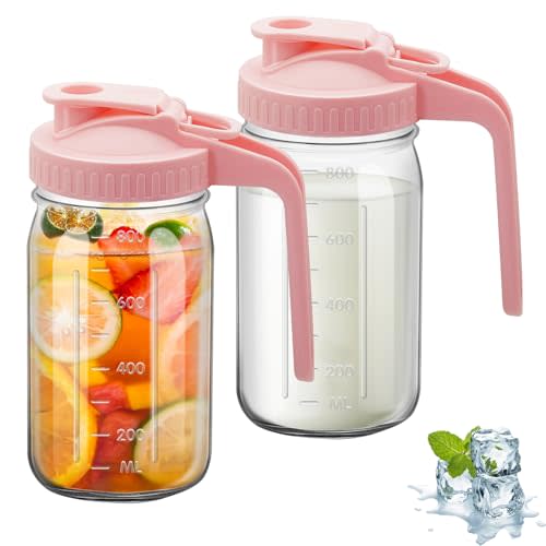 2Pcs Wide Mason Jar Pitcher,32oz Glass Pitcher with Lid Double Leak-proof with Handle Water Jug Wide Mouth Breast Milk Pitchers Fridge Container for Water, Juice (2, Pink)