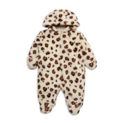 Baby Girl's Faux Fur Leopard Print Hooded Footie