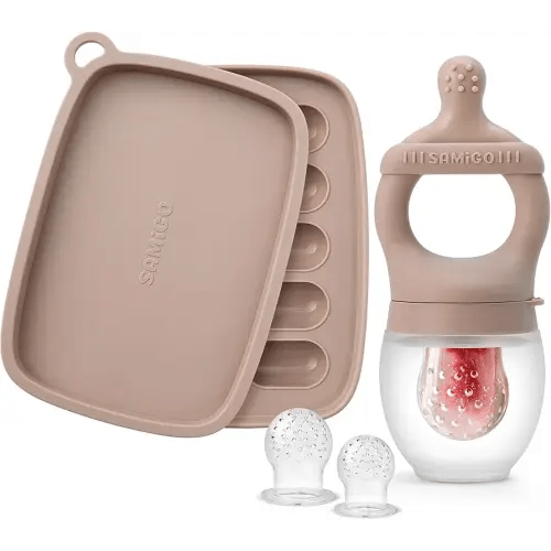 SAMiGO Baby Food Fruit Feeder and Breastmilk Popsicle Mold Set, Silicone Fruit Teether, Food Feeder Pacifier for Teething Relief, Freezer Tray, Baby Feeding Essentials, 4 Months+