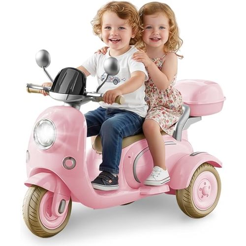 HEIMILI 12V 2-Seater Ride on Motorcycle for Kids, 3 Wheel Electric Motorbike with Dual 25W Motors, Toddler Moped Scooter with Bluetooth Music, Battery Powered Toy for Girls Boys 3-6 Years, Pink