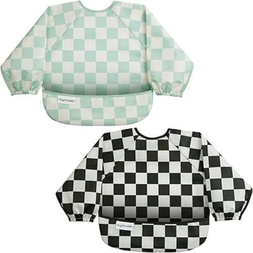 Tiny Twinkle Long Sleeve Bib for Babies & Toddlers | 2-Pack Waterproof Smock Bib for Eating | Machine Washable & Mess-Proof Feeding Essentials | Newborn Shower Gift (Black,Sage Checkers, 6-24M)