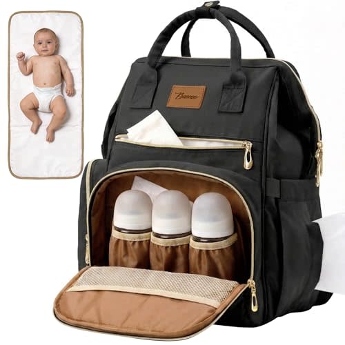 Diaper Bag Backpack with Wet/Dry Pocket, Changing Pad, 27L Black | 14 Pockets, 3 Insulated Bottle Pockets & Rear Opening for Organizing, Stroller Straps & Luggage Sleeve for Travel