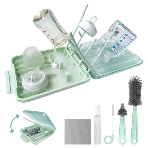 Baby Bottle Brush, 7 in 1 Travel Bottle Cleaning Set, with Silicone Bottle Brush, Nipple Brush, Straw Brush, Soap Dispenser, Bottle Drying Rack, Wipes, Home Travel Portable Essentials