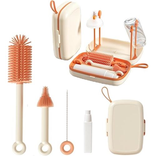 Skonhmin 7 in 1 Baby Bottle Brush Set with Silicone Brush, Nipple Brush, Straw Brush, Soap Dispenser, Bottle Drying Rack, Storage Box - Baby Essentials for Home and Travel, Idea Gifts