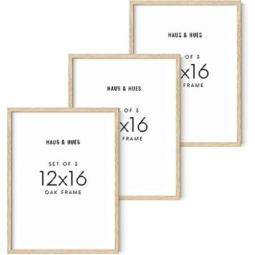 HAUS AND HUES Beige Wood Oak 12x16 Picture Frame, Set of 3 - Modern Wood Wall Art Display - Lightweight 12x16 Frame Set of 3 for Art Prints, Photos, Posters - Ready-to-Hang Vertically & Horizontally