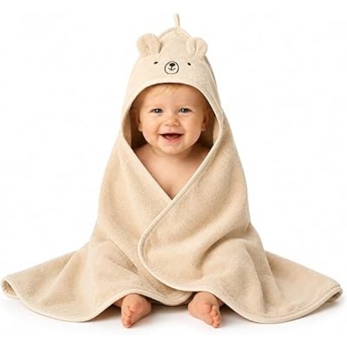 Hooded Baby Towel – 100% Organic Cotton Baby Bath Towels – Baby Boy and Girl Newborn Essentials - Super-Soft and Absorbent. (Bear Fog)