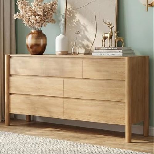 CHUWELL 51.1" Wide Oak 7 Drawer Dresser for Bedroom with Solid Wood Legs
