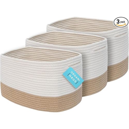 OrganiHaus Rope Baskets for Shelves - Set of 3 Woven Storage Baskets for Organizing, Closet & Toy Storage - Honey/Off-White - 15x9x10