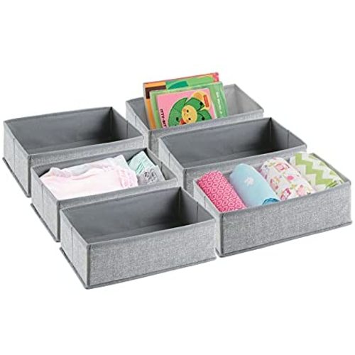 mDesign Soft Fabric Dresser Drawer and Closet Storage Organizer for Toddler/Kids Bedroom, Nursery, Playroom - Rectangular Bin with Textured Print, 6 Pack - Gray