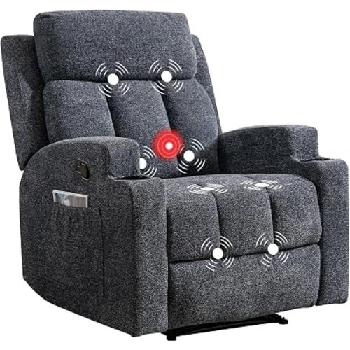 CANMOV Recliner Chair with Massage and Heat, Manual Overstuffed Fabric Recliner with Cup Holders & Side Pockets, Comfy Oversized Reclining Chair for Living Room, Fauteuil Inclinable, Dark Grey