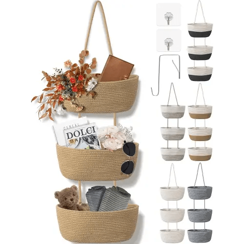 3 Tier Wall Mounted Woven Hanging Basket, Over the Door Hanging Basket with Hooks, Decorative Storage Hanging Closet Removable, Large Wall Basket for Living Room, Bedroom, Kitchen (Brown)