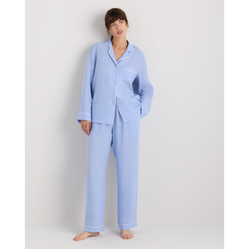 100% European Linen Long Sleeve Pajama Set with Piping in French Blue