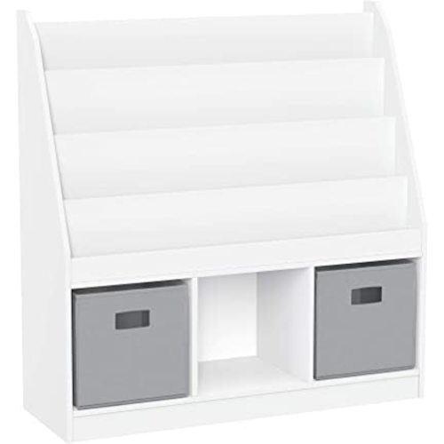 RiverRidge Kids Bookrack with Three Cubbies and 2 Gray Bins