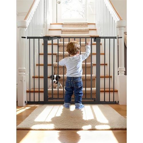 Babelio Metal Auto Close Baby Gate PressGuard P7, 29-48" Wide 30" Tall Extra Wide Pet Gate for The House and Doorways, Pressure Mounted Walk Thru Child Gate with Door, Black