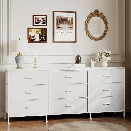 Kicctian 9-Drawer Dresser 63" Long TV Stand with Wooden Top & Fabric Storage Dresser for Bedroom,Living Room,White