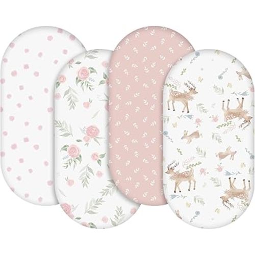 Gllquen Baby Bassinet Sheets 4 Pack, Breathable Cozy Fitted Mattress Sheet, Elastic Travel Crib Fashionable Floral Pattern, Standard Cradle Safe Sheets for Baby Boys Girls 32"x16"(Deer & Rose)