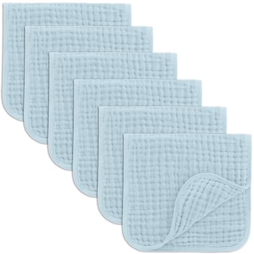 Comfy Cubs Muslin Burp Cloths 20" x 10", Pack of 6 - Large, 6-Layer, Ultra Absorbent 100% Cotton for Baby Drool and Messes - Soft, Safe & Gentle Baby Burp Cloths Set for Boys & Girls - Sky Blue