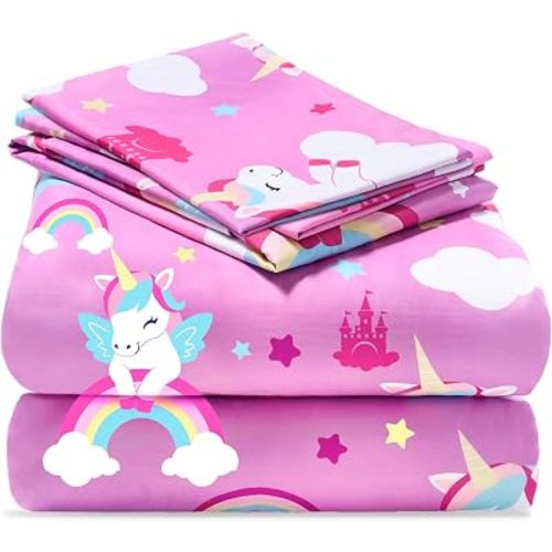 Joiedomi Kids Full Sheet Set Purple Unicorn - 4 Piece Soft Microfiber Bed Sheets - Deep Pocket Wrinkle Free, Cozy Toddler Bedding Set, Fade Resistant Breathable for Boys Girls Teens