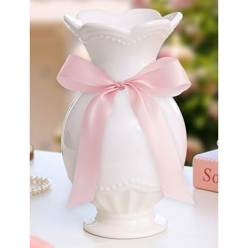 Pecfamly Cute Aesthetic Pink Bow White Ceramic Flower Vase Small, Cutecore Kawaii Clean Vanilla Vintage Girls Aesthetic Pink and White Girly Room Bedroom Bathroom Vanity Dresser Decor Ribbon Included