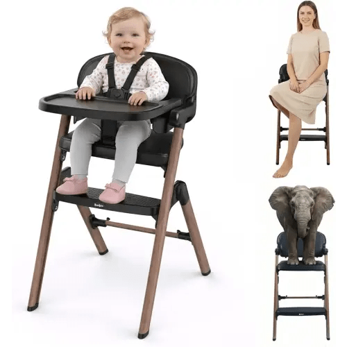 High Chair, Foldable High Chairs for Babies and Toddlers Ultra Safe for Infant or Adults Up to 150 Lbs, Easy Clean, Removable Tray/Adjustable Footrest for Baby Feeding HighChair, Black