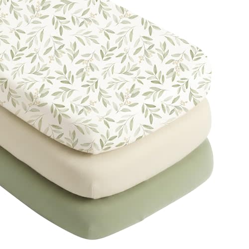 Konssy Silky Soft Bassinet Sheets 3 Pack, Ultra-Stretchy Bassinet Mattress Sheets 33"x 21" for Baby Girl Boy, Compatible with Baby Delight, Dream On Me, AMKE and Other Rectangle Mattress (Green Leaf)