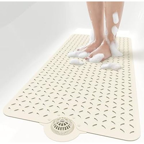 OTHWAY Bath Mat for Tub Non Slip: 39" X 17" Long Bathtub Mat with Hair Catcher│Big Drain Holes Shower Mats for Inside Shower│Machine Washable (Beige)