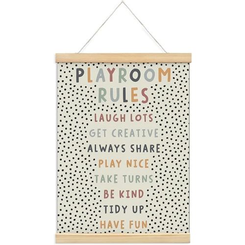 Playroom Kids Tollder Room Wall Decor, Play Room Rules Wall Decor for Kids Play Game Room Bedroom Nursery Home School Playroom Essentials, Canvas Hanging Banner Wood Poster Frameds 12x16 Inch