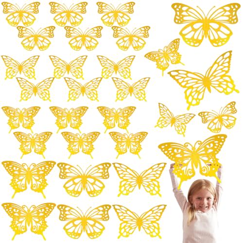 Yeaqee 24 Pcs Large Butterfly Party Decoration 3D Butterflies Wall Decor Set 2 Sizes 3 Styles Large Stickers for Birthday Baby Shower Nursery Bedroom Wedding Decor Cutouts (Gold)