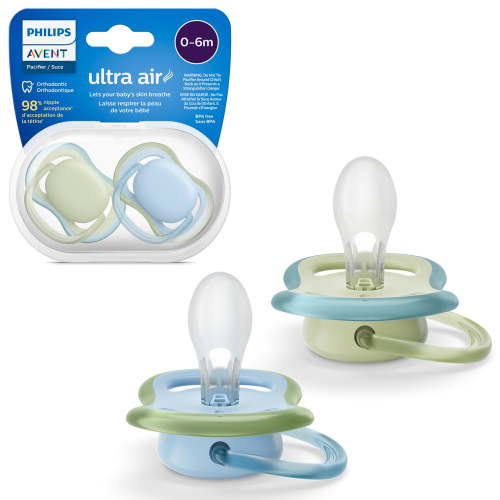 Philips Avent Ultra Air Pacifier 0-6M, Pastel Green / Celestial Blue, 2 Pack, SCF085/21