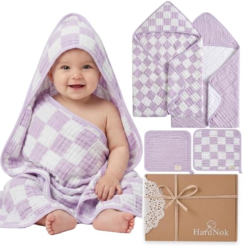 HardNok 4-Piece Muslin Baby Towel Set - Made with Organic Cotton, (2) 6-Layer Bath Towels 32x32 & (2) Washcloths, Absorbent Bath & Beach, (Lavender)