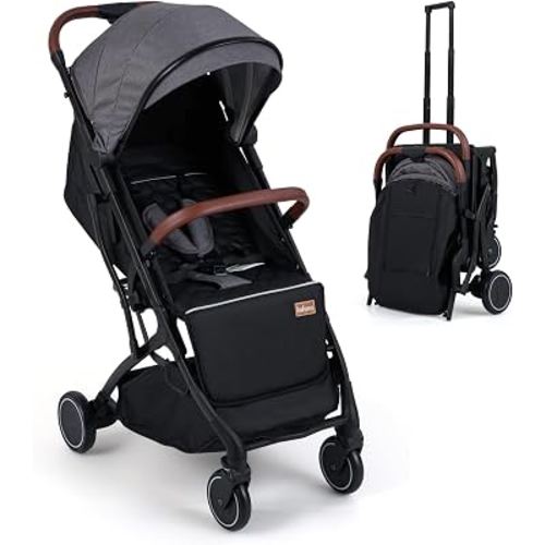 INFANS Travel Stroller, Lightweight Compact Baby Stroller for Airplane with One-Hand Fold, Multi-Position Recline, Canopy, 4 Wheel Suspension, Storage Basket (Grey+Black)