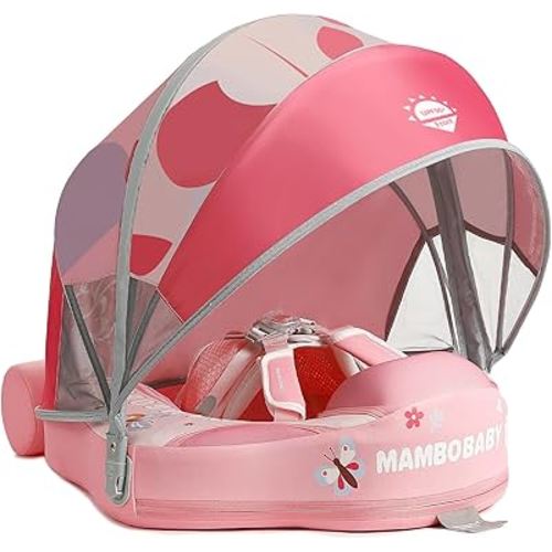 Mambobaby Float Add Tail No Flip Over Non-Inflatable Baby Swim Float Pearl Foam Solid Water Floats Smart Swim Trainer Infant Pool Float Swim Ring with Sun Canopy