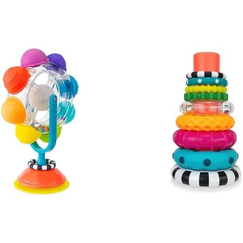 Sassy Light Up Rainbow Wheel Tray Toy, Multi & Stacks of Circles Stacking Ring STEM Learning Toy, Age 6+ Months, Multi, 9 Piece Set